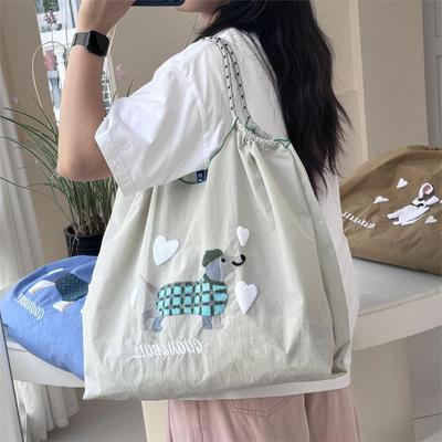 2024 Japanese-Style Cute Dog Embroidered Nylon Eco-Friendly Shoulder Shopping Bag