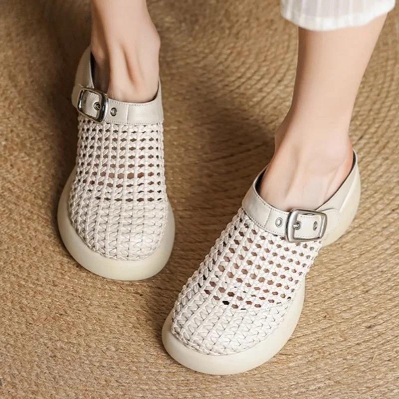 Mesh Platform High Heels Weave Women Slippers Hollow Sandals Mules Casual Shoes Woman 2025 Summer Fad Beach Loafers Slides Dress