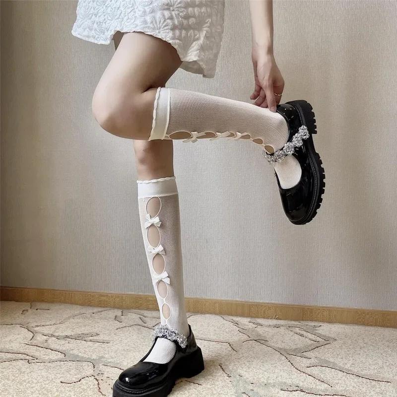 Lolita Women Stockings JK Japanese Style Long Socks Hollow Out Velvet Bow Thigh High Socks Elastic Sweet Kawaii Cute Knee Socks