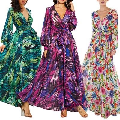 Plus Size Bohemia Beach Women Leaves Print V Neck Long Lantern Sleeve Maxi Dress