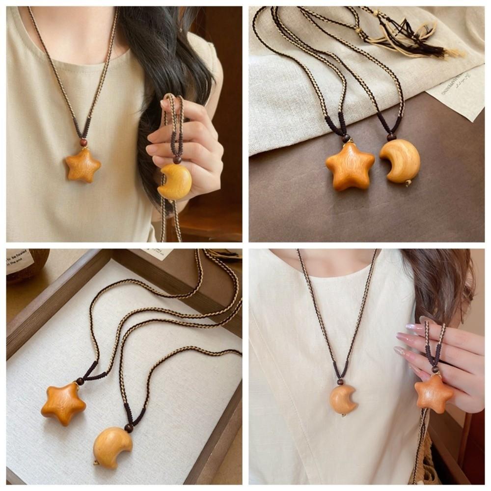Y2K Accessories Wooden Star Moon Necklace Bohemian Style Couple Friends Choker  Girls