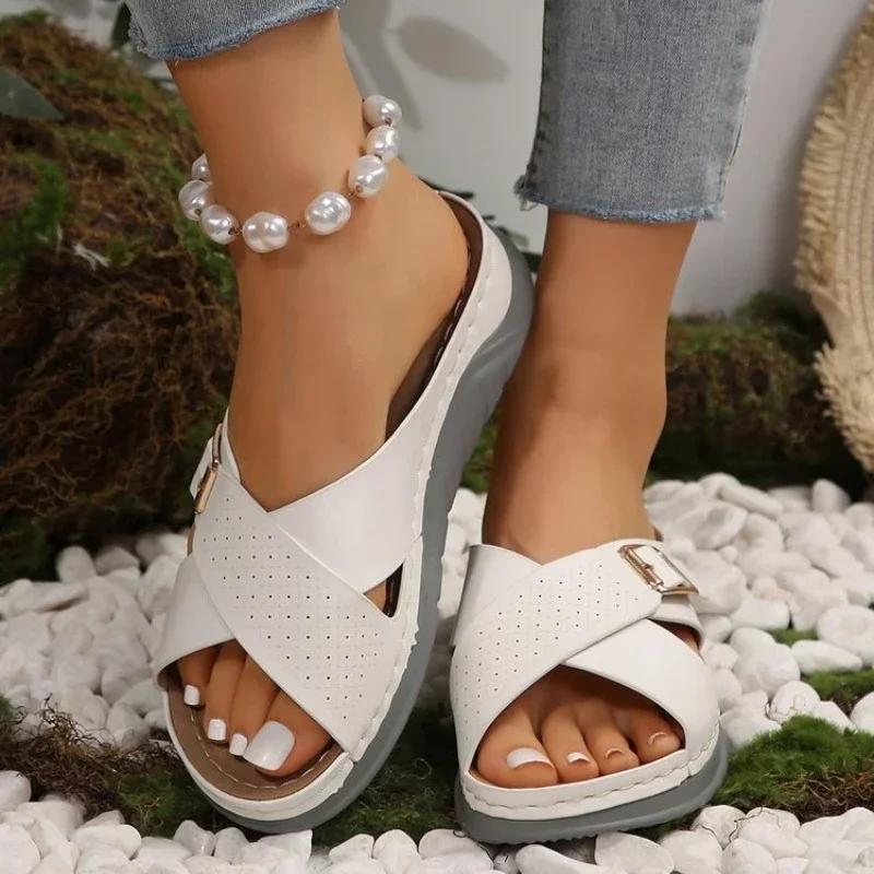 

Fashion Woman Platform Wedge Sandals Summer Thick Sole Slippers Women Cross Strap Beach Sandals Comfort Soft Anti-Slip Flip Flops Mules 43