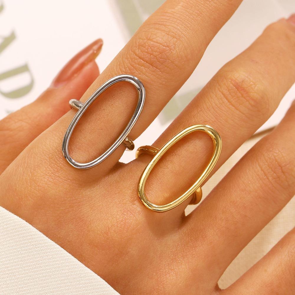 Simple Personality Hollowed-Out Geometry Stainless Steel Ring Oval Baroque Open Ring  For Women Finger Jewellery Accessory Gifts