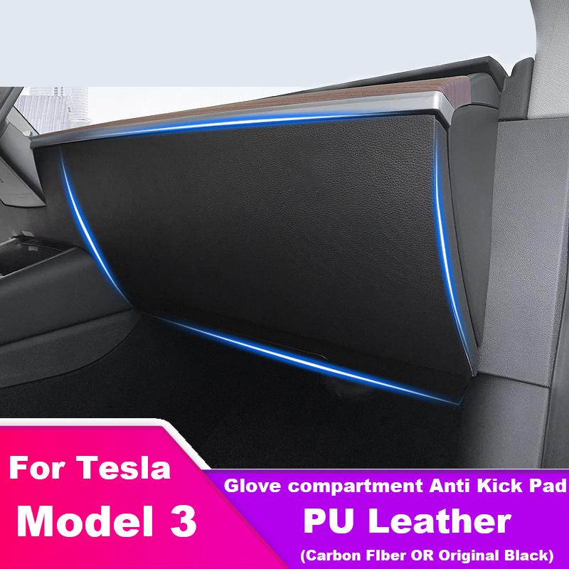 For Tesla Model 3 2016-2023 Invisible Glove Compartment Anti Kick Carbon Fiber PU Leather Pad Protection 2PCS