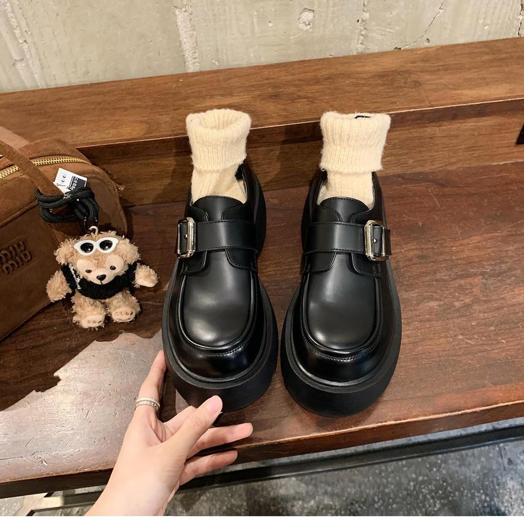 Sheepskin~ Grape Mother Metal One-word Buckle Strap Heightened Thick Heel Platform British Loafers Women's Retro Small Leather Shoes Women