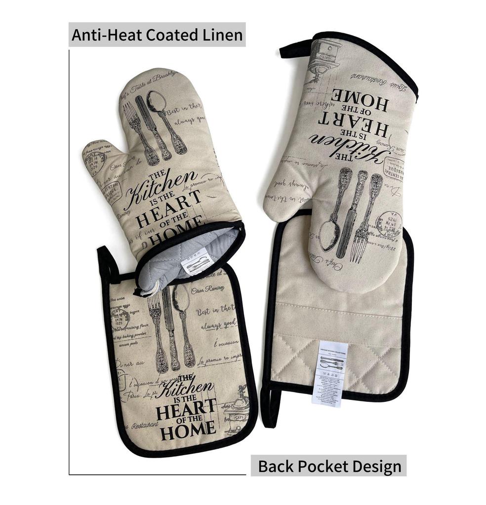 Retro Oven Mitts & Pot Holders 4-Piece Set with Heat Insulation Coating