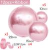 12pcs Silver 4D Balloons with Ribbon 22/15/10Inch Metal Silver Round Foil Hanging Balloon for Happy Birthday Wedding Party Decor