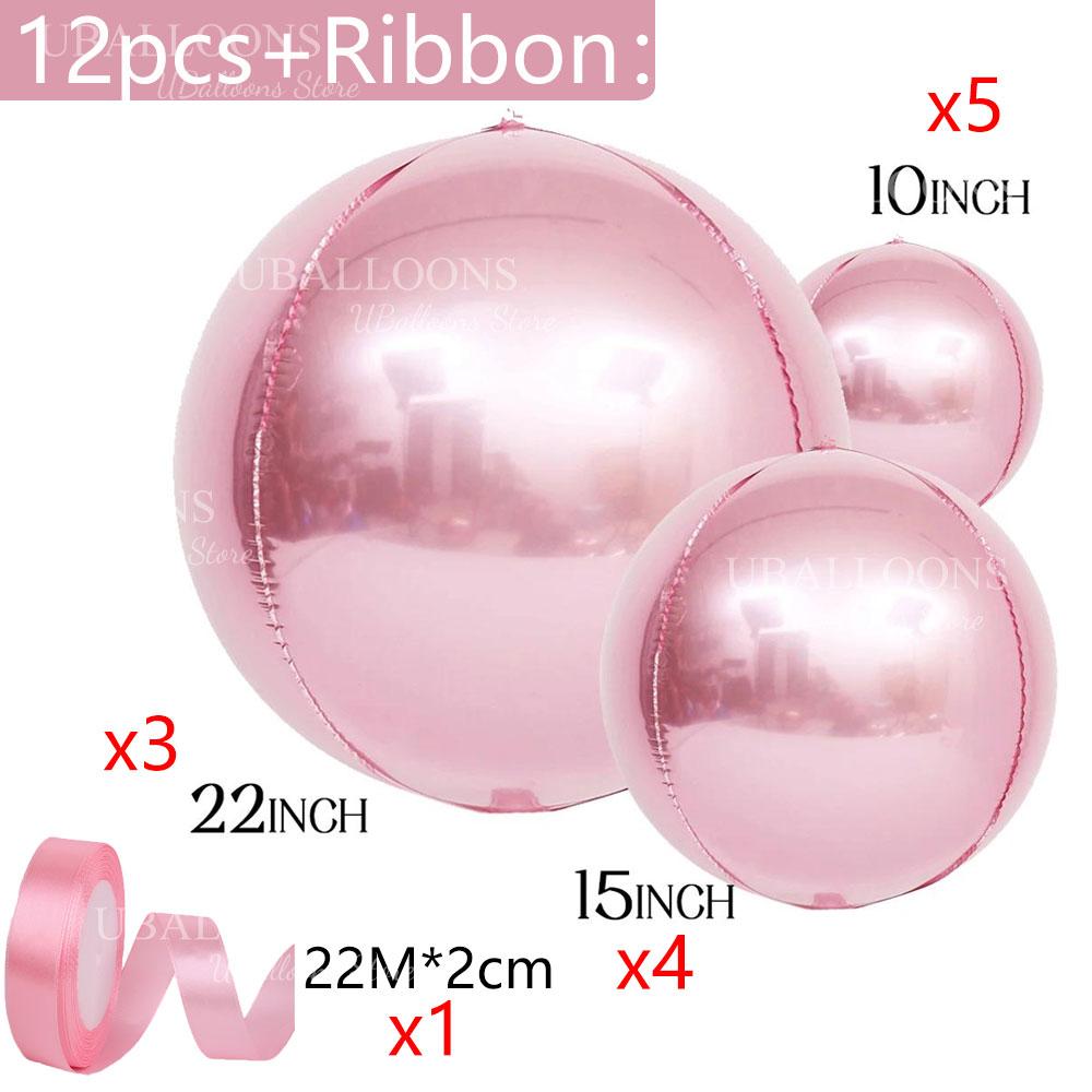 12pcs Silver 4D Balloons with Ribbon 22/15/10Inch Metal Silver Round Foil Hanging Balloon for Happy Birthday Wedding Party Decor