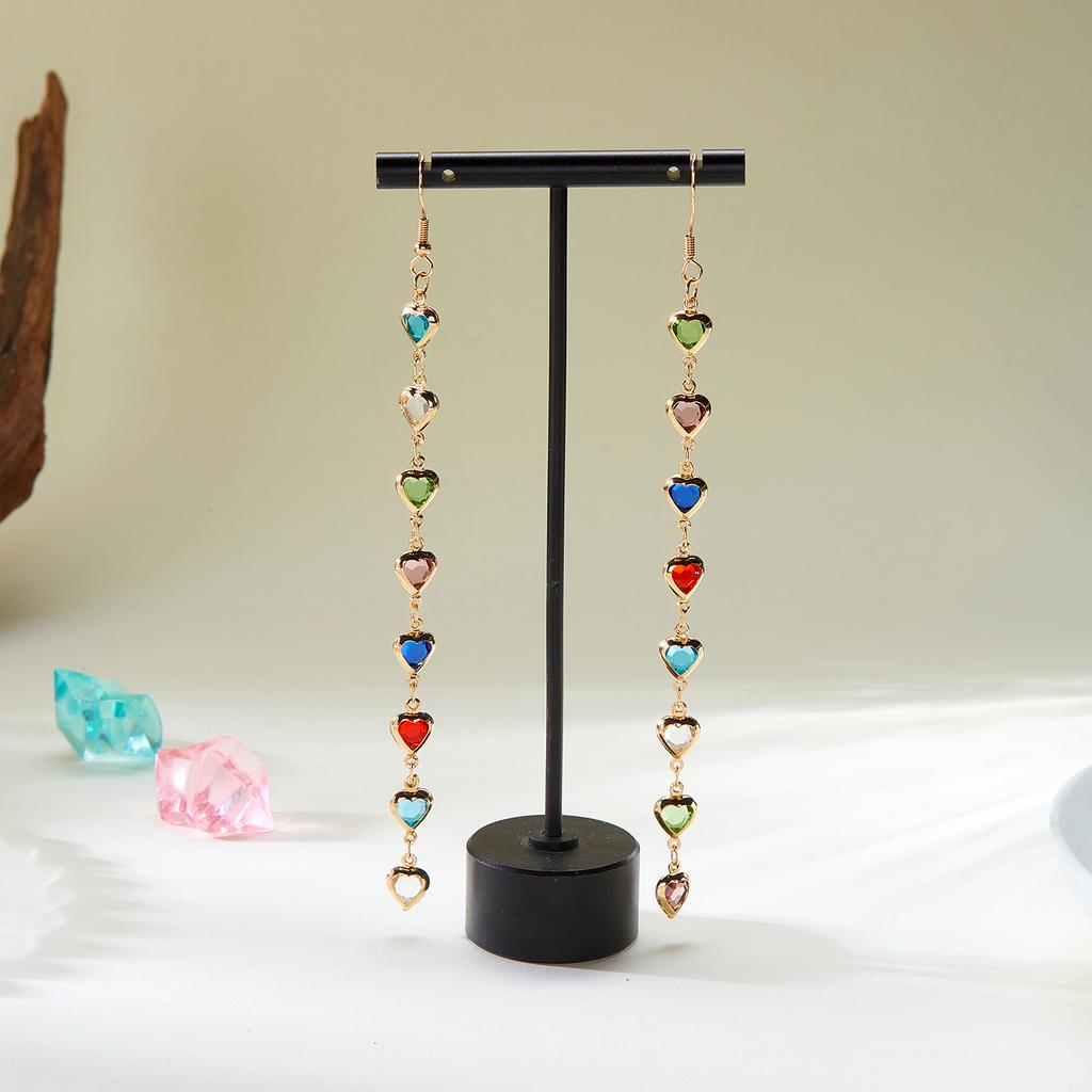 Bohemian Trendy Colorful Love Heart Shape Rhinestone Long Earrings For Women Temperament Crystal Tassel Hanging Earring Jewelry