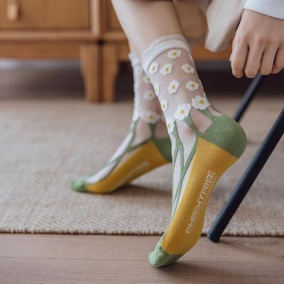 Novità Harajuku Retro Estate Sottile Trasparente Calzini di Vetro Donne Ragazze Stampa Floreale Calzini Carini Stile Giapponese Calzini di Seta di Cristallo