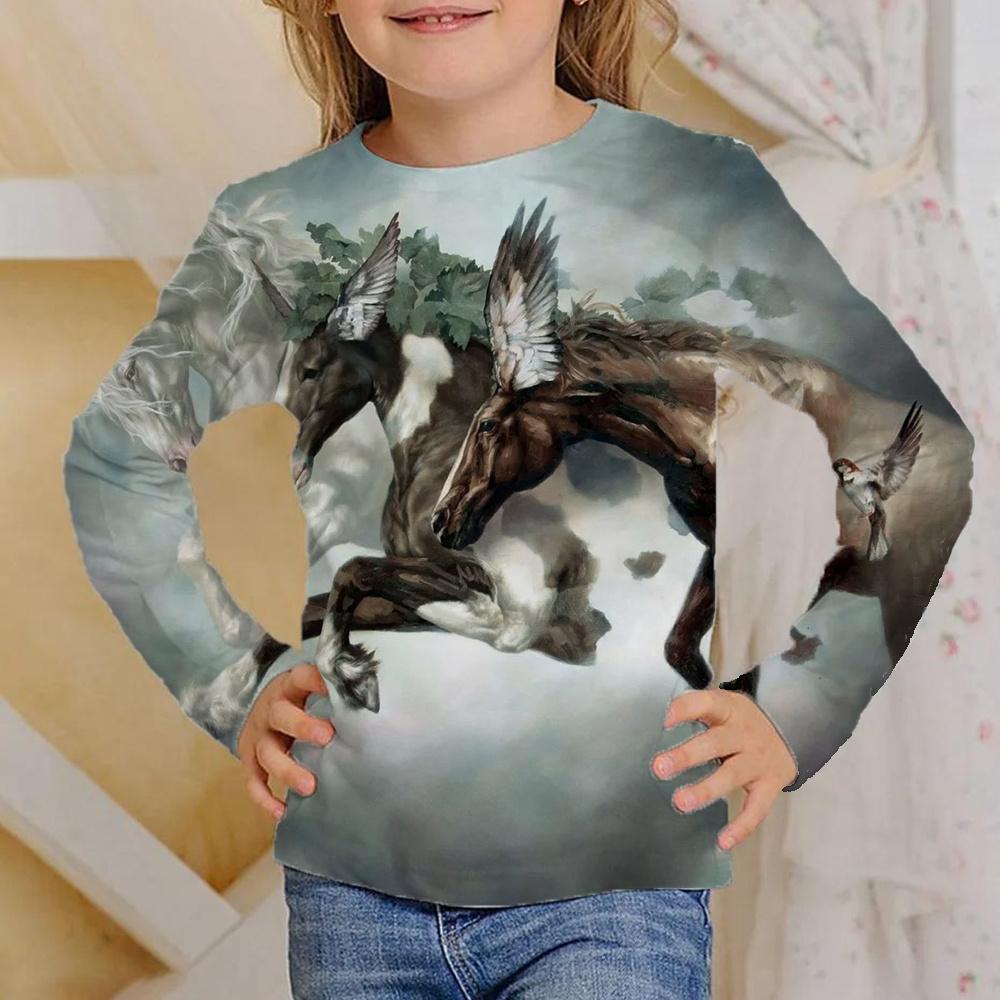 No. 11 Fashion Meisjeskleding Meisjes T-shirt Lange Mouw 3D Paard Kinderen Herfstkleding Stijlvolle Casual Kinder Tops Ronde Hals Kind Jongenskleding 140