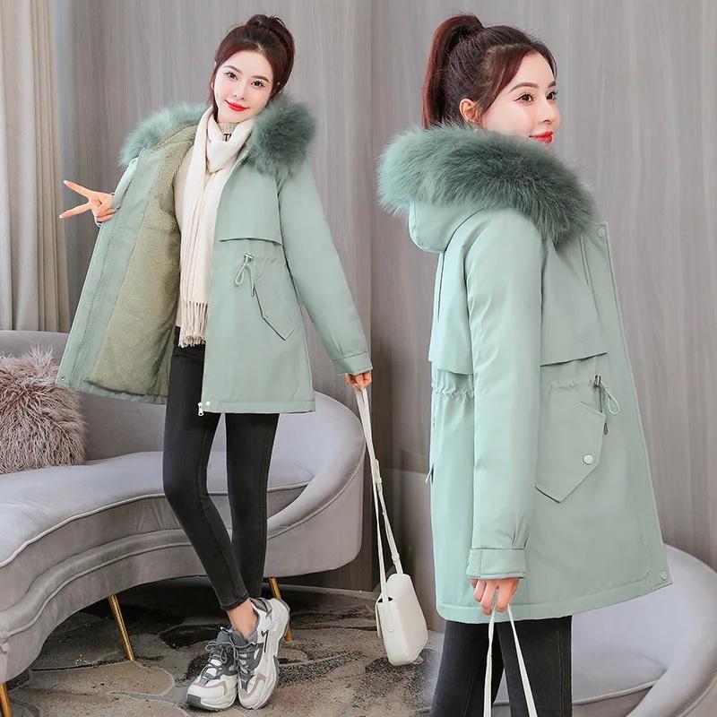 Women's Casual Mid-Length Korean Style Cotton Jacket with Fur Collar