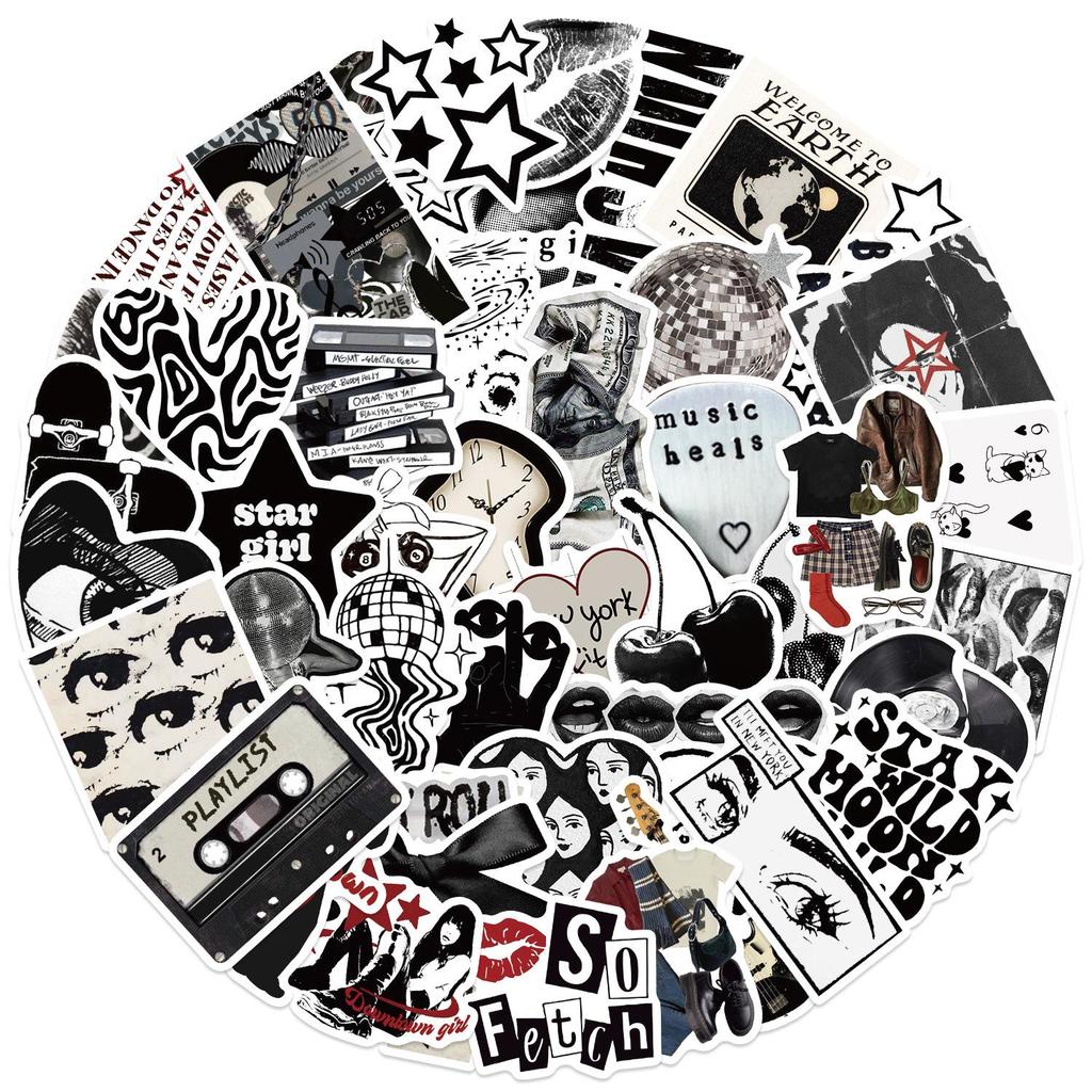 50 Y2K Black & White Retro Journal Stickers - Waterproof Cute DIY Decoration for Suitcase & Guitar