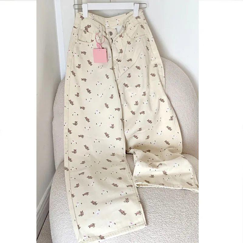 

Новые белые тонкие джинсы с принтом медведя, женский дизайнерский нишевый крой, высокая посадка, драпированные прямые брюки широкого кроя XL