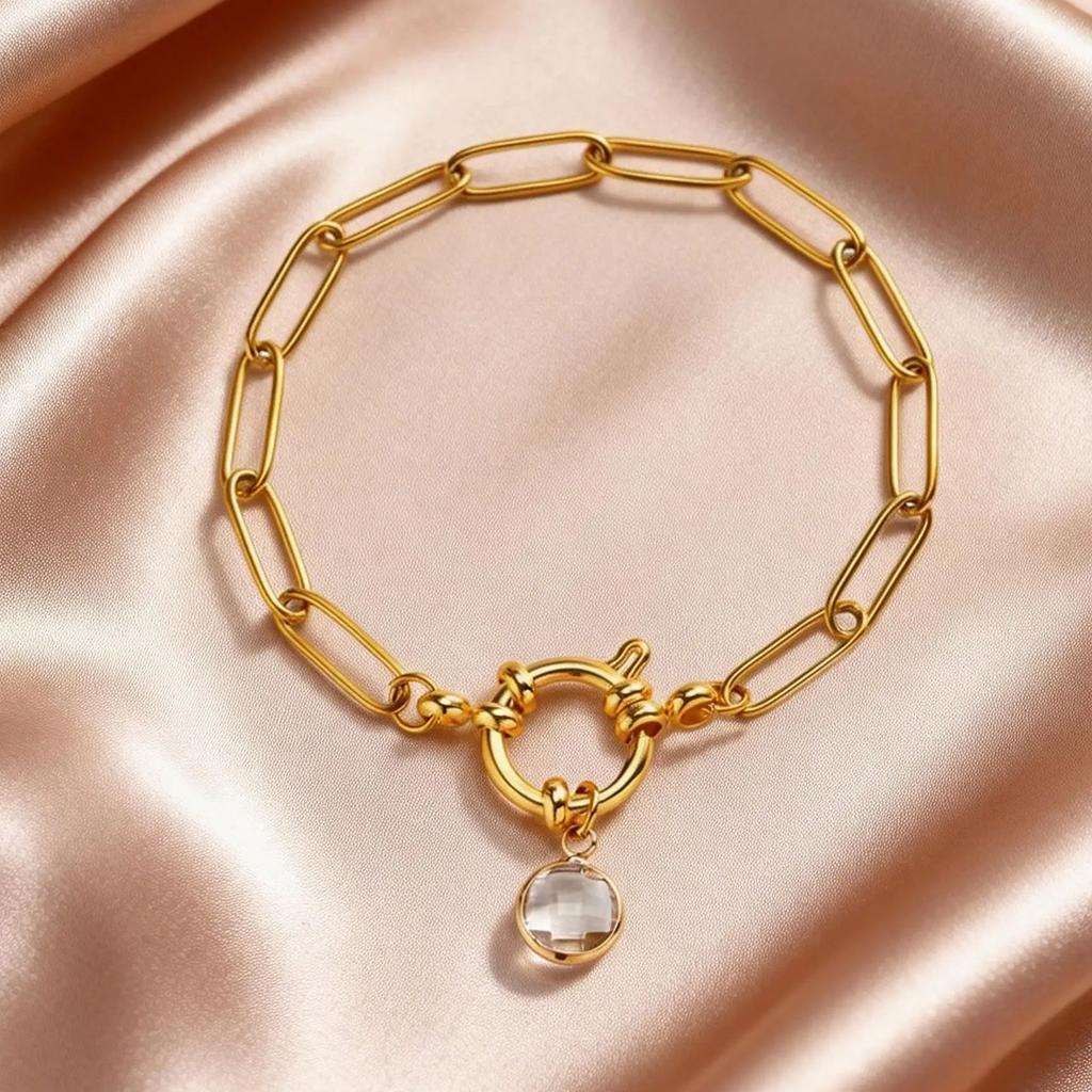 Stainless Steel Paperclip Link Chain Zircon Heart Charms Bracelets for Women, 18K Gold Plated Spring Bubble Clasps Bracelet