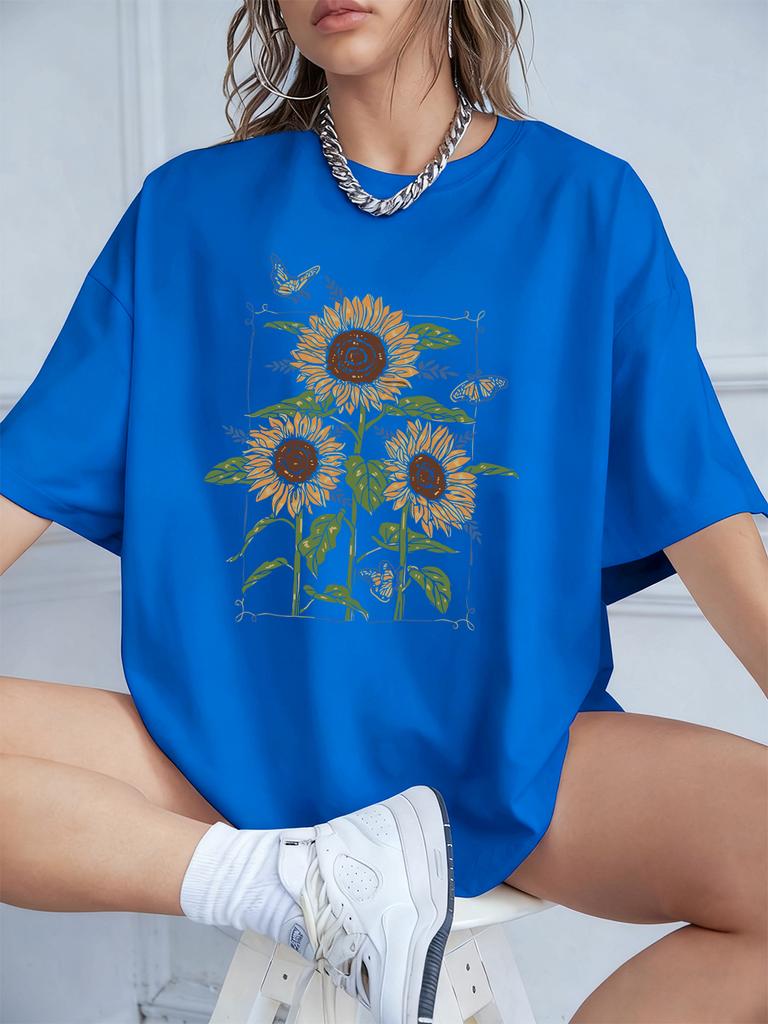 Sunflower Oil Printing Prints TShirts Womens Summer Cotton Short Sleeve T Shirt Loose ONeck Comfortable Tops Casual Clothes