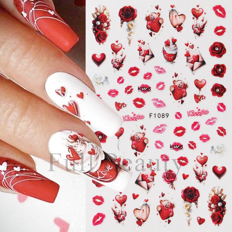 Autocollants pour Nail Art Saint-Valentin Romantique CŒUR Lignes Ours d'Amour Panda Dessin Animé Autocollants pour Ongles