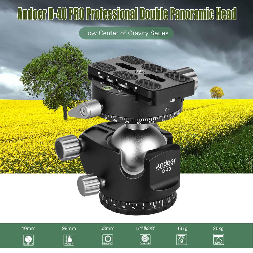 D-40 PRO Double Panoramic Head CNC Aluminum Alloy Ball Head U Notch Design Low Center of