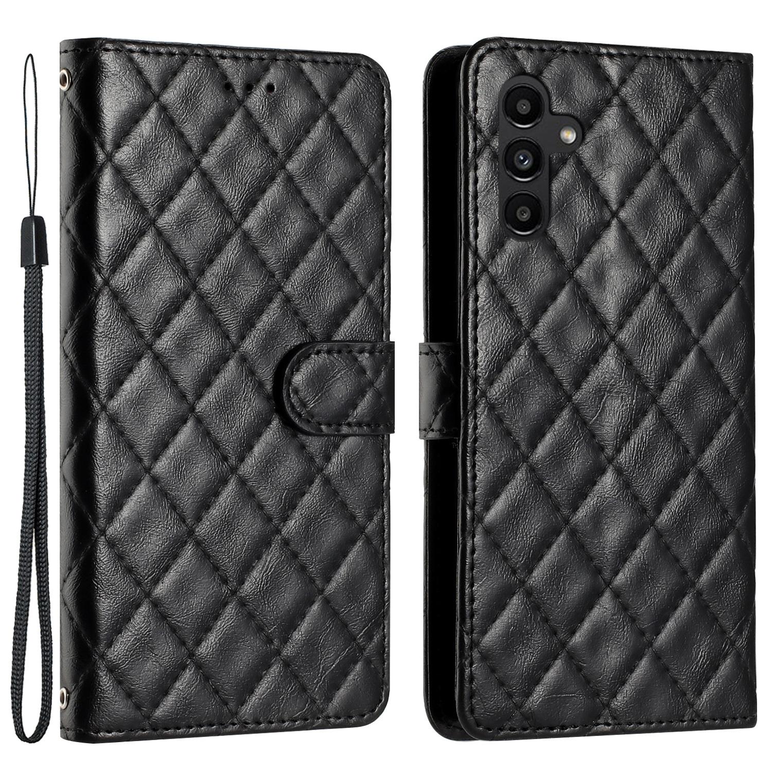 

For Samsung Galaxy S23 FE PU Leather Case Rhombus Stitching Line Design Wallet Stand Phone Cover Black