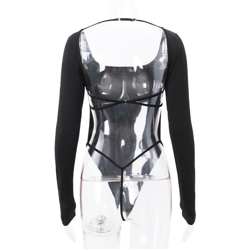 

Outfitgirl Hot Sexy Open Back Tied Long Sleeves T-Shaped One-Piece Shorts Black Slim Fit Slimming Top Black L