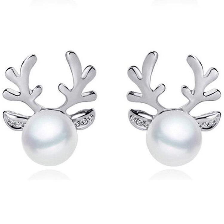 European & American Holiday Antler Earrings with Diamond & Pearl Inlay