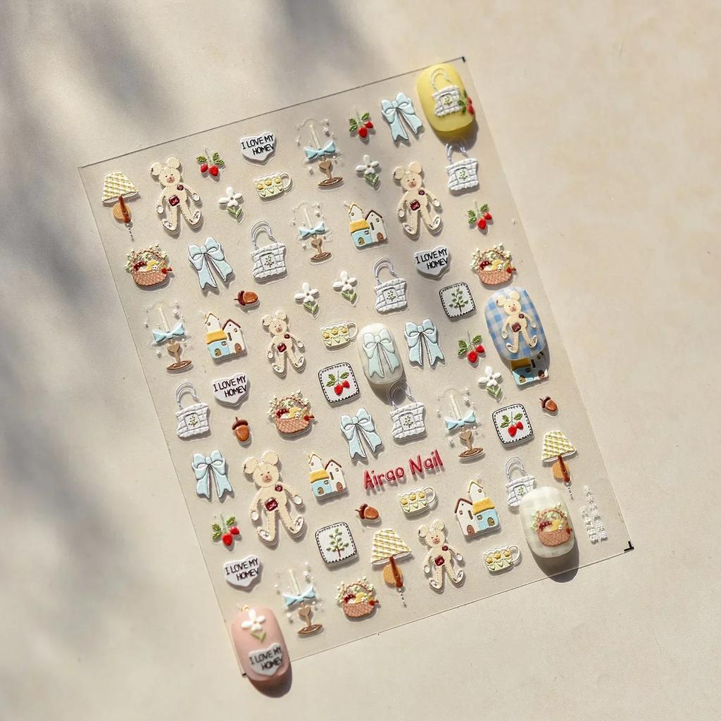 5D Pudding Jelly Dessert Fruit Cherry Pink Claw Print Bowknot Tie Knot Love Heart Stars Nail Art Sticker Adhesive Manicure Decal