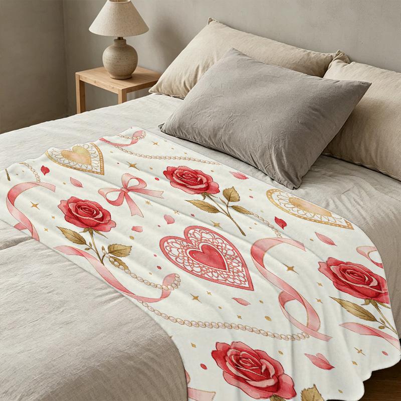 Lightweight Floral Heart Flannel Throw Blanket Super Soft, Skin-friendly, Cozy Warm Blanket for Home Relax, Perfect Valentine's Day Gift