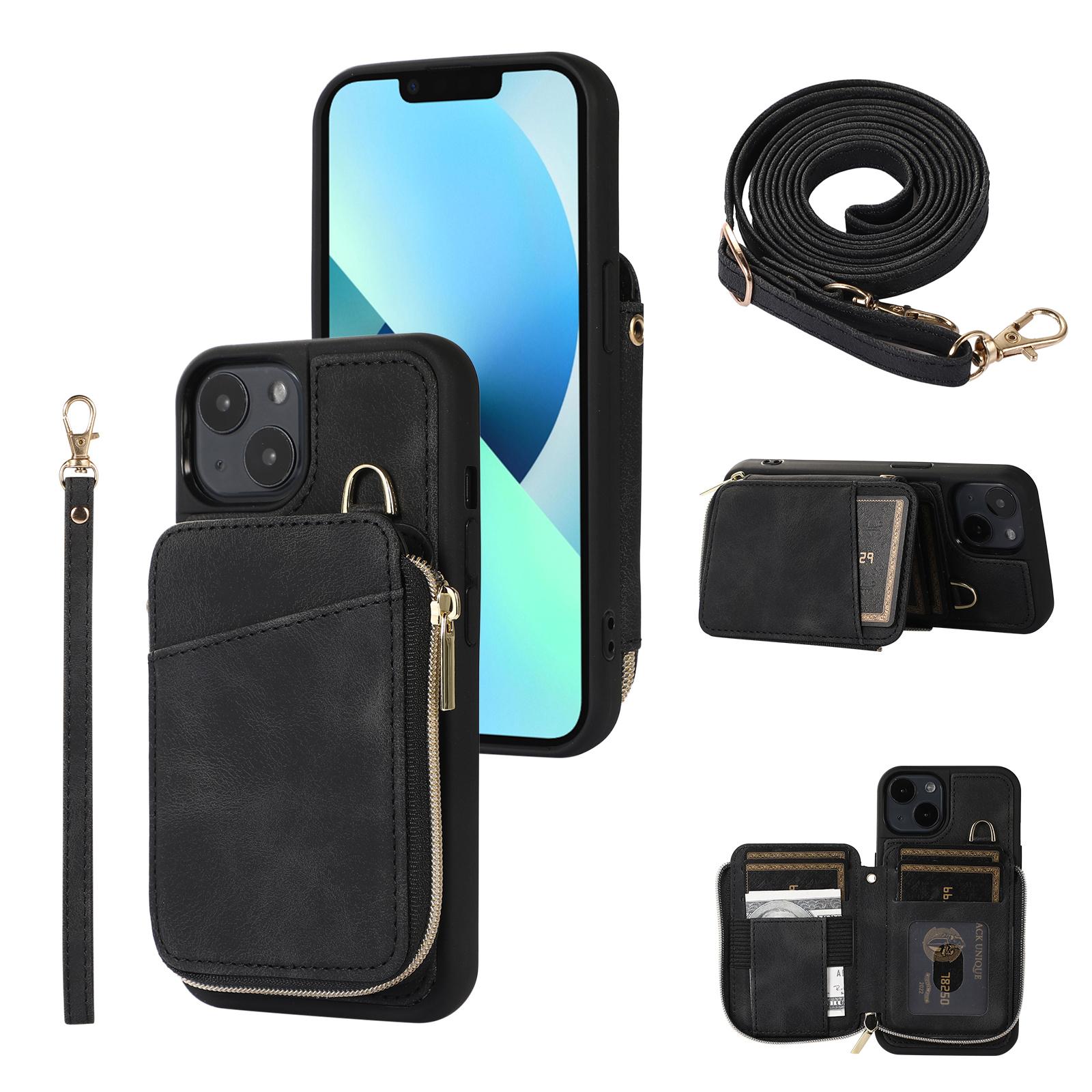 

For iPhone 13 Zipper Wallet Cover Kickstand PU Leather+TPU Case Mobile Phone Guard Shell Black