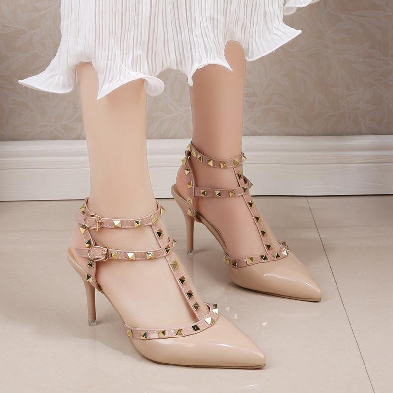 Fashion Women's Shoes Rivets Sandals Female Summer Thick with Fine with High-heeled Shoes Pointed Stiletto Sexy Nightclub Shoes