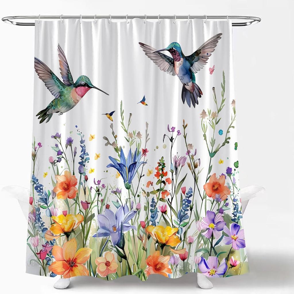 Hummingbird Shower Curtain Spring Colorful Birds Watercolor Floral Leaves Nature Garden Scenery Modern Blooming Flower Plant Fabric Curtain with Hook