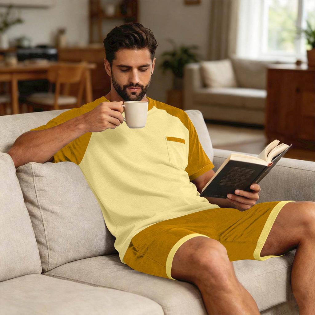 Herren Sommer-Pyjama-Set Kurzarm-Oberteil mit Tasche und passender Hose Leichte atmungsaktive Nachtwäsche Loungewear