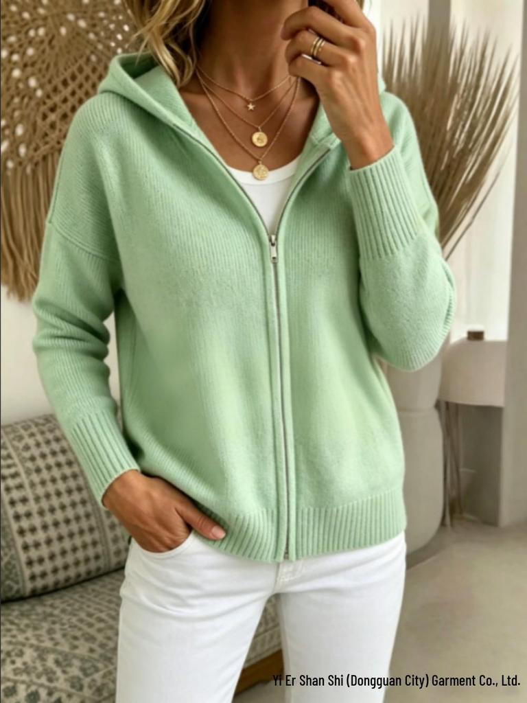 Autumn 2026 Hooded Zipper Knit Cardigan - European & American Style, Women's Loose Solid Color Long Sleeve Sweater