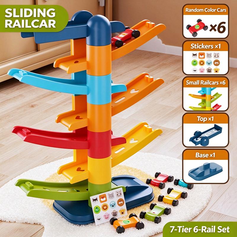 Toddler Car Sliding Ramp Toy with Mini Cartoon Cars Multi Layer Tracks BPA Free Smooth Surface Play Set for 1-3 Year Old Baby Boys Girls