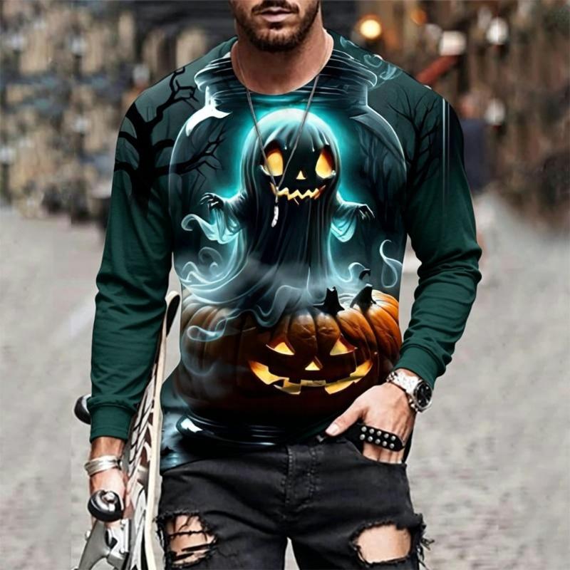 Men's Long Sleeve T-Shirt Halloween Scarecrow Skeleton Ghost Pumpkin 3D Print Crew Neck Casual Street Tops