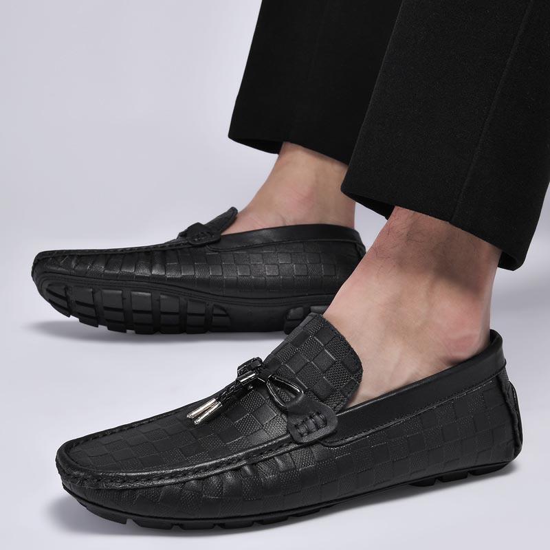 Men's Casual Spring Cowhide Slip-on Loafers, Embossed Leather Driving Shoes, Large Size
