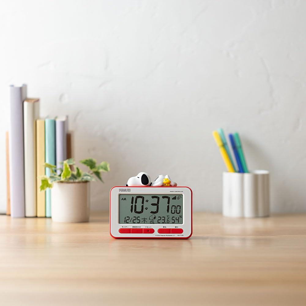 RHYTHM Snoopy Alarm Clock Digital Radio Clock 3D Figure Electronic Sound Alarm Thermometer Hygrometer Calendar Red X 12 X 8RZ235MS01 (Snooze Included)