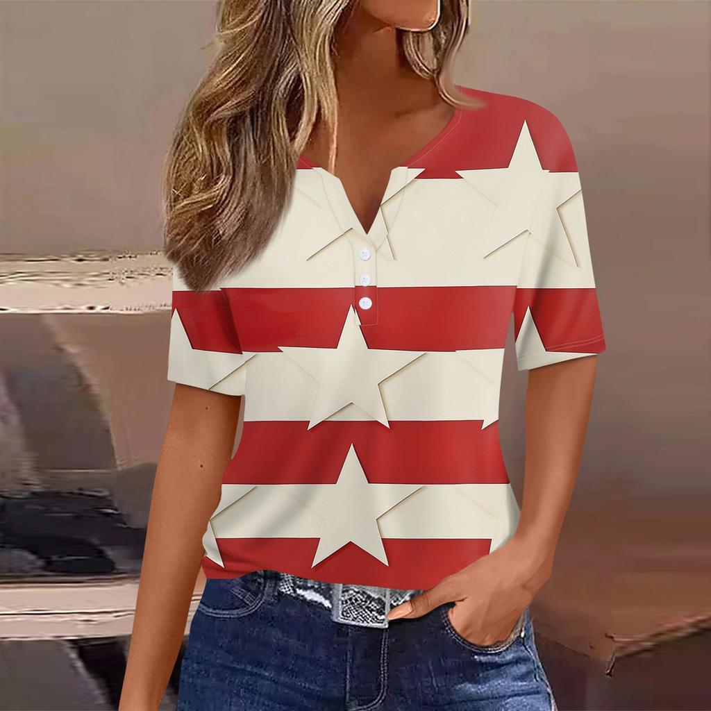 Women's T Shirt Tee Print Button Short Sleeve Daily Weekend Fashion Basic V- Neck Regular Top