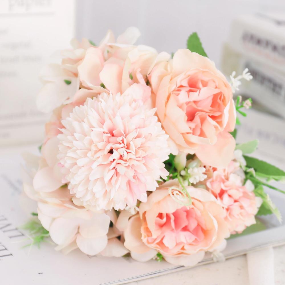 Artificial Flowers Silk Peony Hydrangea For Living Room Home Decoration Wedding Bride Bouquet Rose Fake Plants Table Accessories