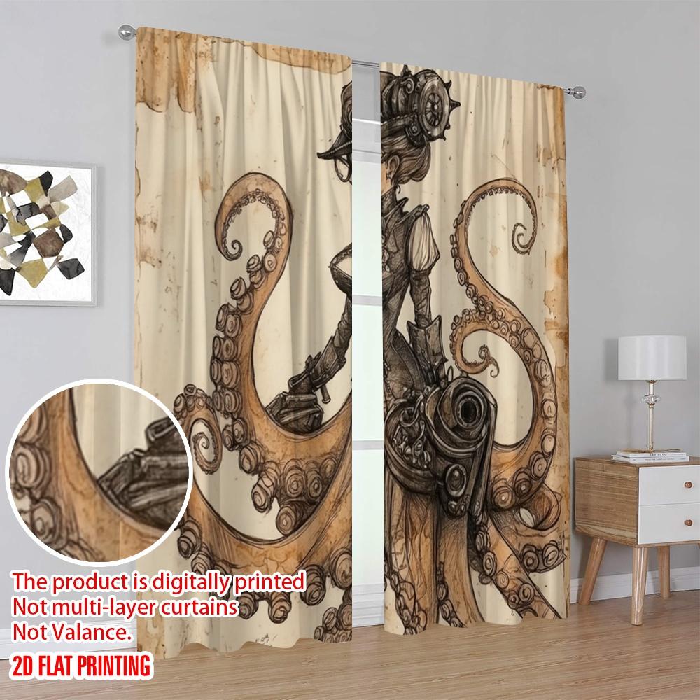 2pcs,2D Plane Printing Curtains Roller Blinds Steampunk Octopus Polyester Woven (without Rod) Art Deco Festive Use for Bedroom &