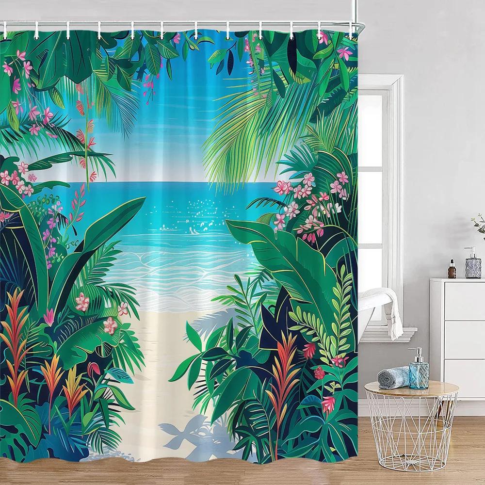 

Seaside Landscape Shower Curtains Coconut Trees Tropical Leaves Sea Scenery Bathroom Decor Summer Hawaii Polyester Bath Curtain 90x180cm-35x70in