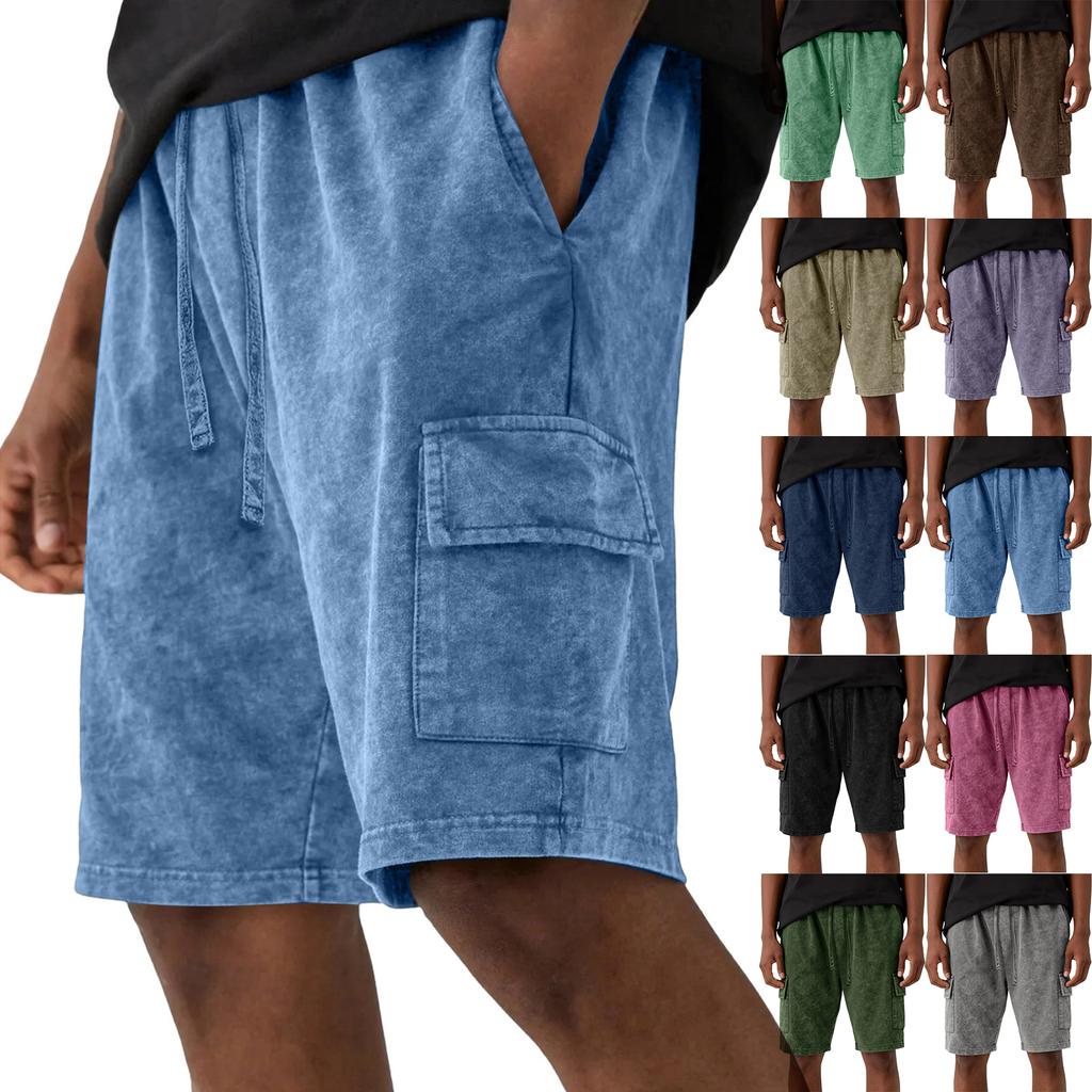 Men's Casual And Fashionable Water-washed Cotton Loose-fitting Shorts - Men's Multi-pocket Workwear Drawstring Shorts