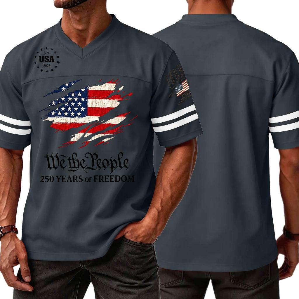 Men's V Neck Short Sleeve Sports T Shirt with 250 Years of Print Casual Jersey Style Top for Independence Day
