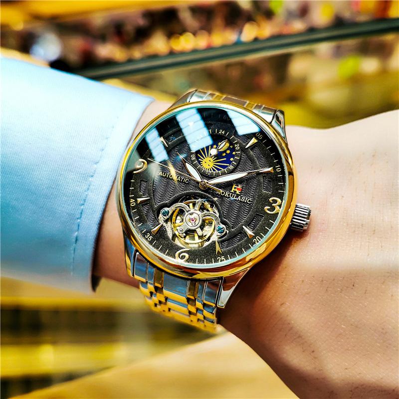 AOKULASIC Men Wristwatch Automatic Mechanical Military Sport Tourbillon Male Clock Top Luxury Stainless Steel Watch Gift 525