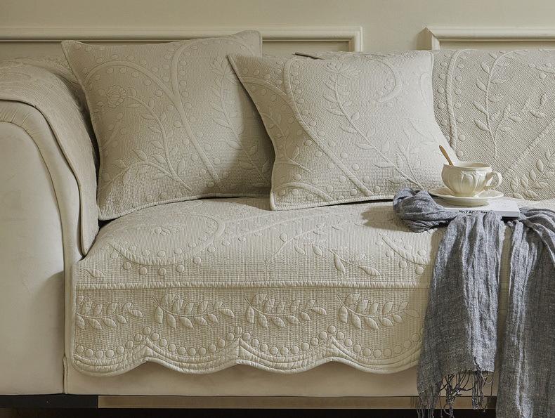 Vintage Embroidered All-Cotton Sofa Cushion with Non-Slip Lace, Four Seasons Universal Cover
