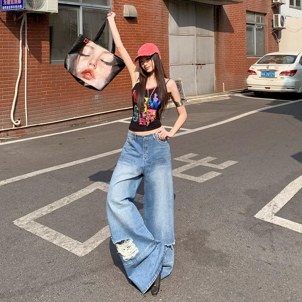 Spring Summer Sweet Street Hide Hip Lazy Ripped Wide Leg Denim Pants For Ladies Casual Pants Oversize Denim Trousers