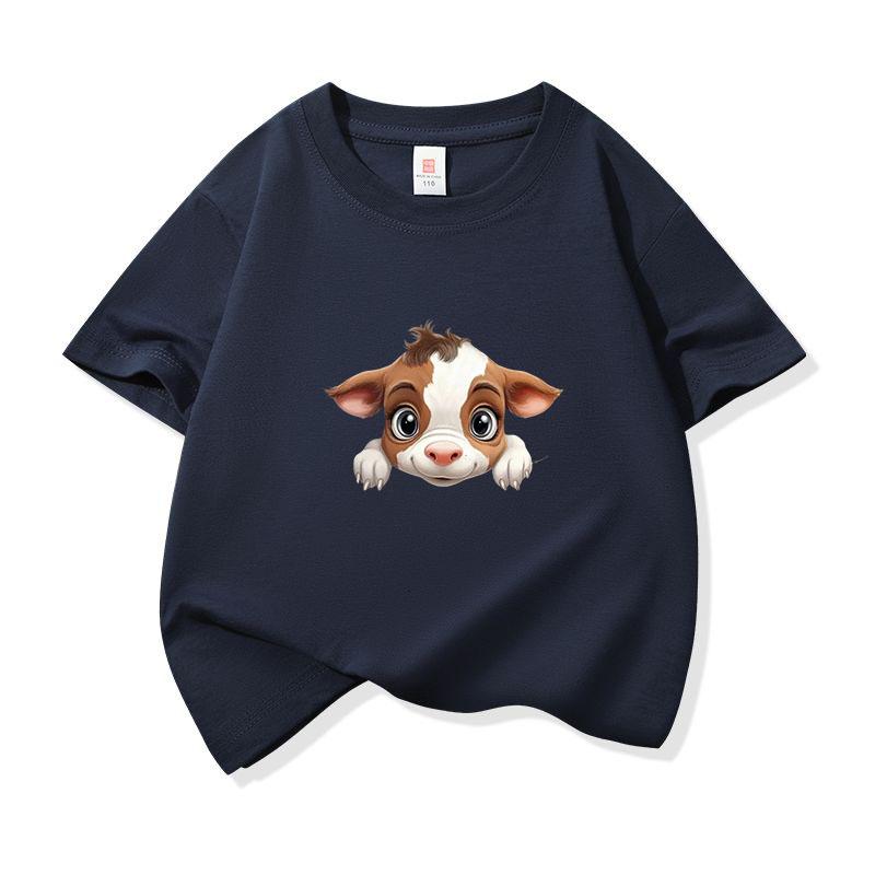 Kids Cotton T Shirt Light Brown Baby Cow Peeking Print Crew Neck Short Sleeve Tee Casual Boys Girls Summer Tops