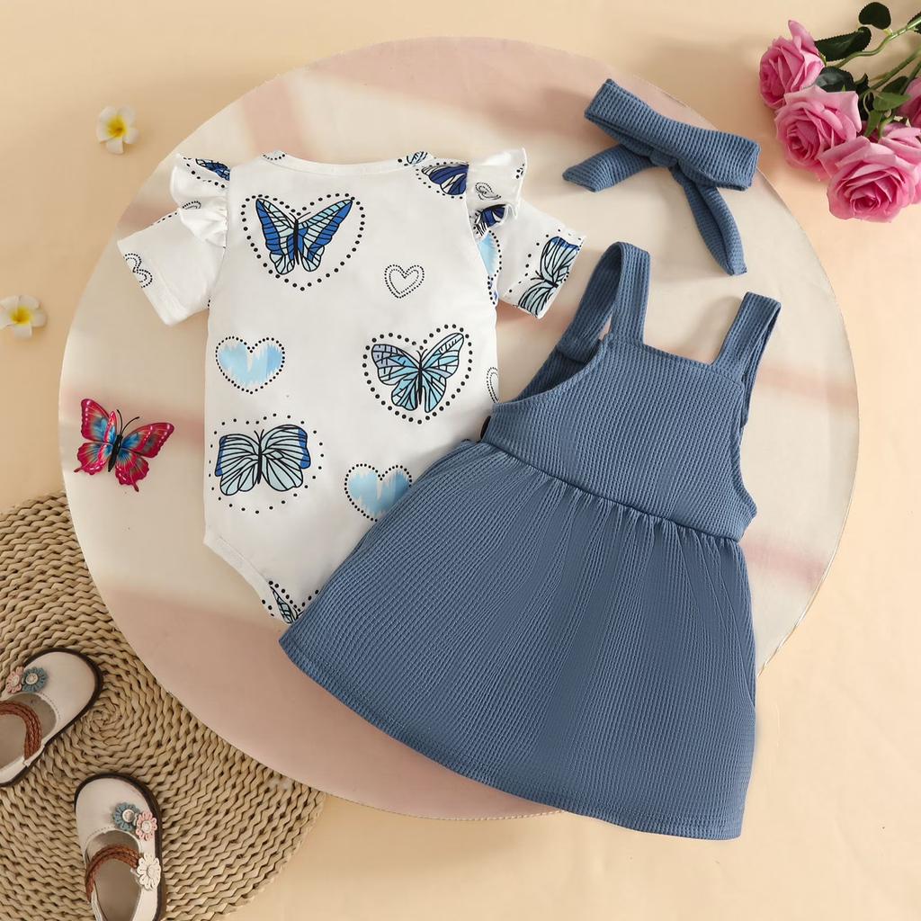 Summer Outfit Set Short Sleeve Butterfly Heart Bodysuit Corduroy Suspenders Skirt Headband