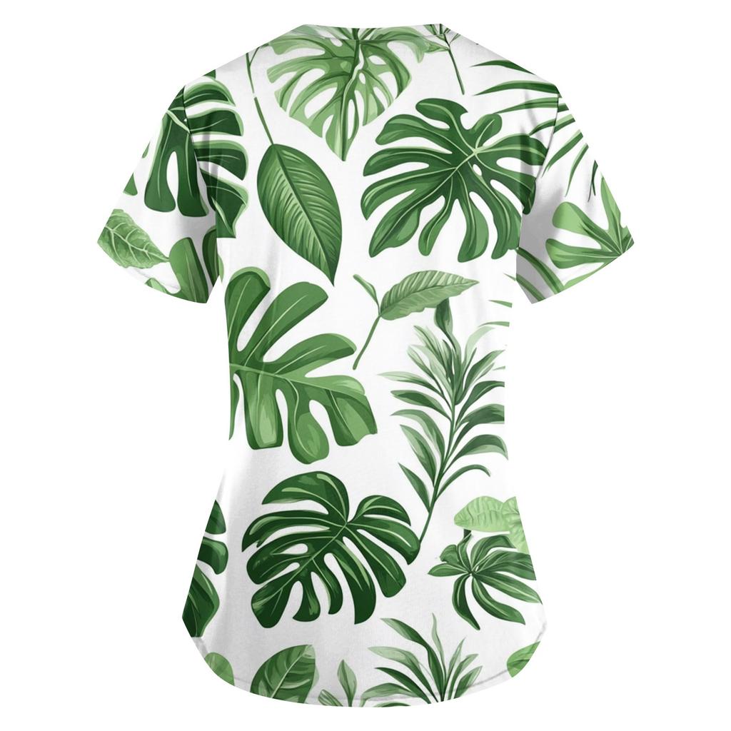 Damenmode V-Ausschnitt Kurzarm Arbeitskleidung mit Tasche Hawaii-Print Oberteil Pflegeranzug