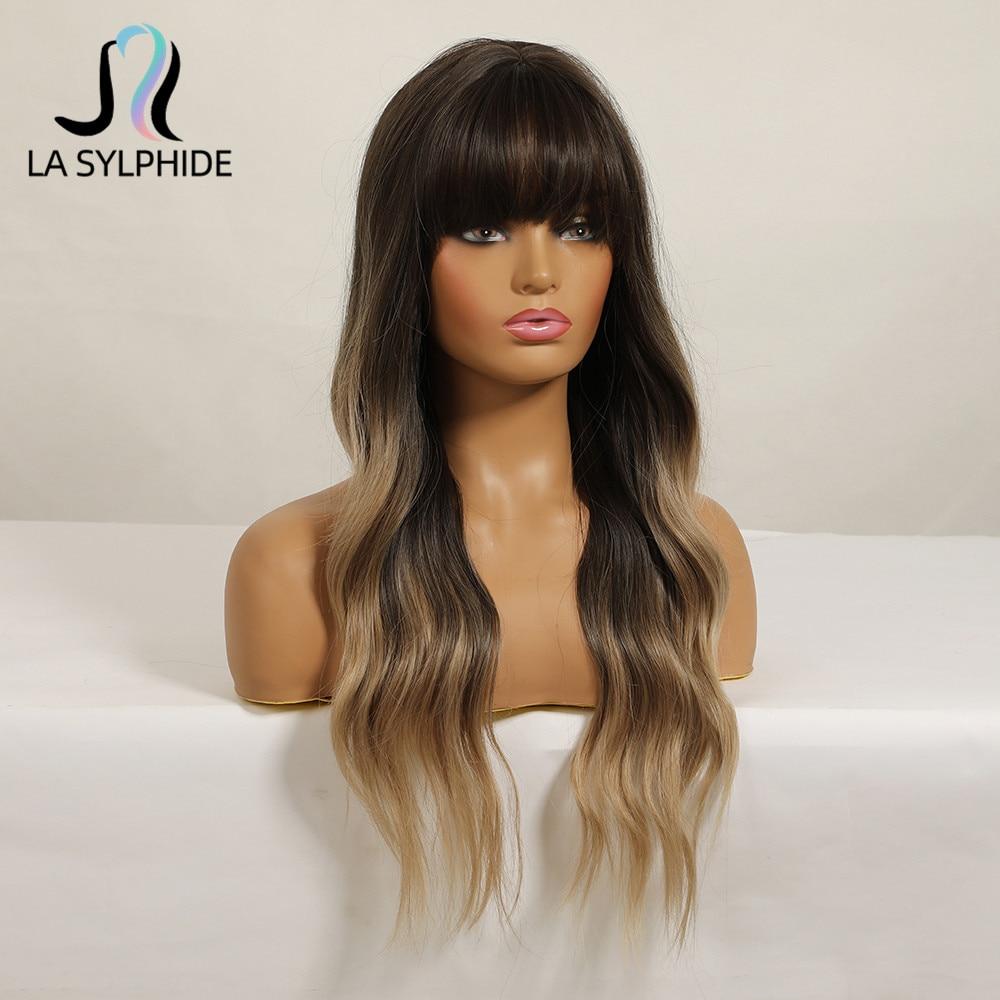 Long Wavy Root Dark Ombre Light Blonde Wigs with Bangs for Woman Daily Party Use