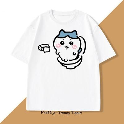 Hachiware On The Toilet Tshirt for Men Women Funny Cotton Short Sleeve Round Neck Tshirt Humor T Shirt Loose Casual Clothes